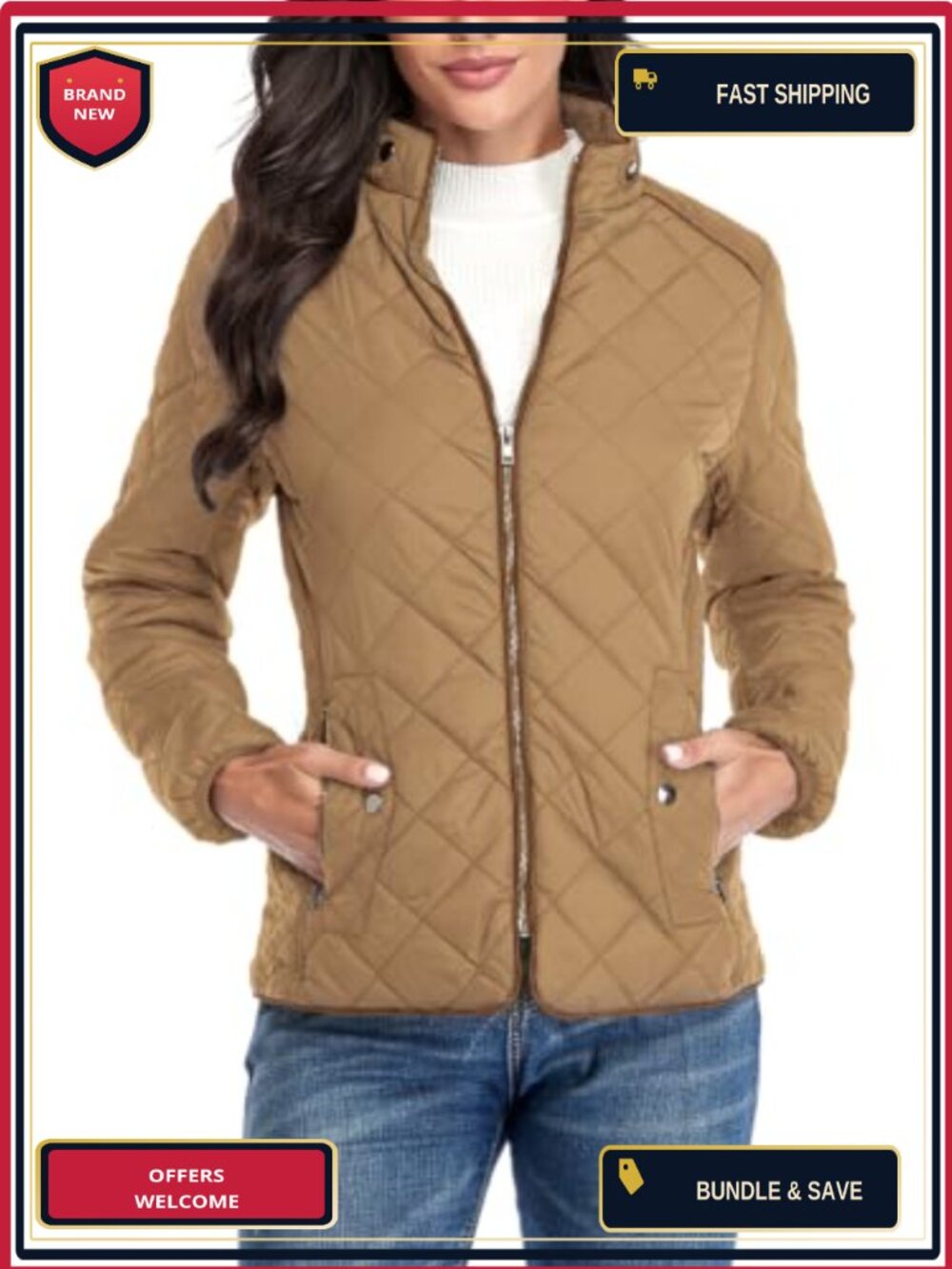 Women's Lightweight Quilted Jacket Stand Collar Zip Warm Winter Coat Outwear w